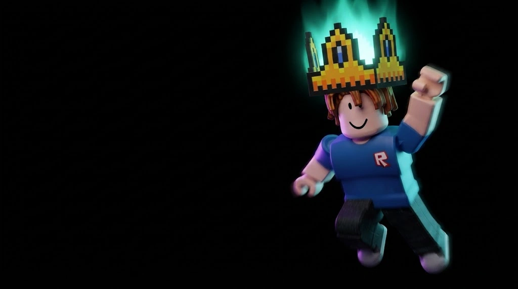 Roblox Bacon Hair avatar leaping in the air, wearing the 8-Bit Royal Crown